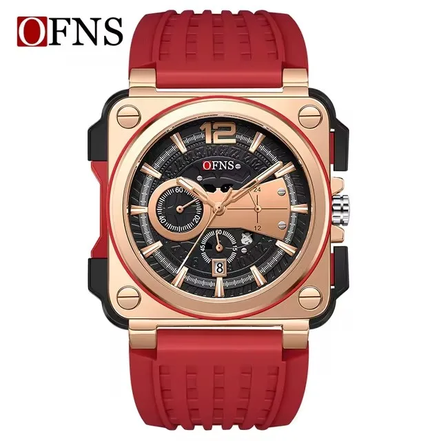 OFNS 1305 Men's Quartz Watch Square Dial Fashion Unique Calendar  Silicone Strap Wristwatch for Male