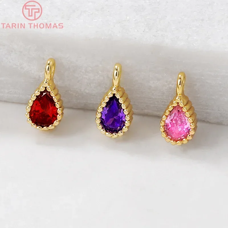 (681)6PCS 4x8MM 24K Gold Color Plated Brass with Zircon Water Drop Charms Pendants High Quality Diy Jewelry Accessories