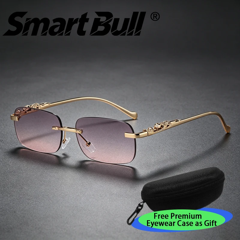 Smart Bull Frameless Square Gradient Sunglasses - Luxurious Metal Leopard Pattern Embossed Armrests - Fashionable UV-Protective Eyeglasses for Men and Women - Multiple Colors Available with Giftable Portable Case