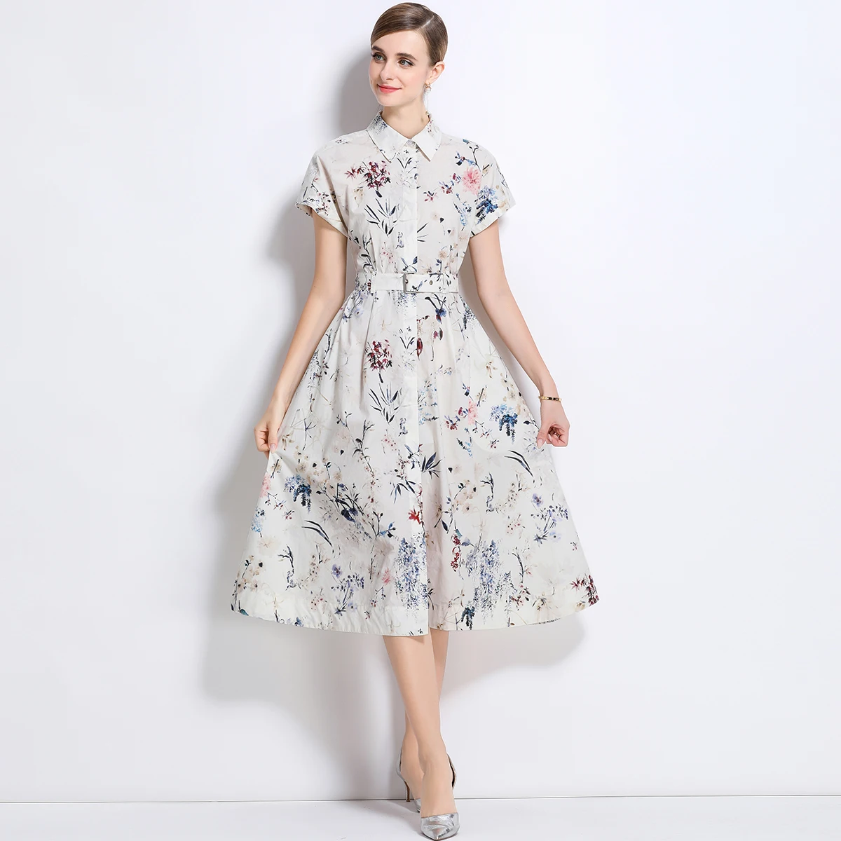 Robe mi-longue imprimée Vintage pour femmes, élégante, revers, manches courtes, ceinture, chemise de vacances, vêtements de Festival décontractés