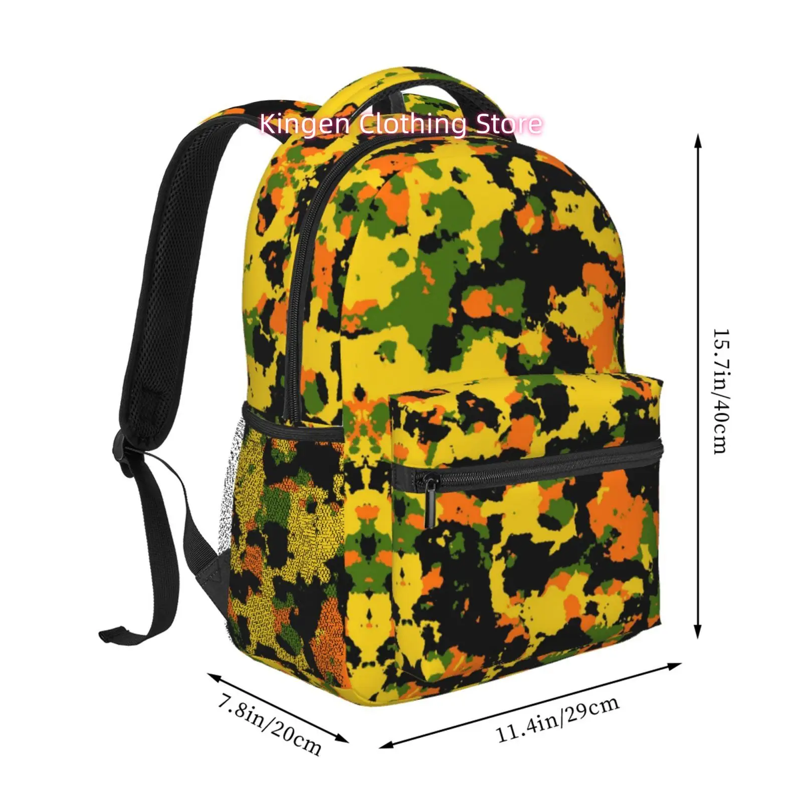 Orange Green Camouflage Print Backpack, Oxford Cloth Adjustable Strap Casual Daypack, for Casual Outings, Daily Commute, Weekend