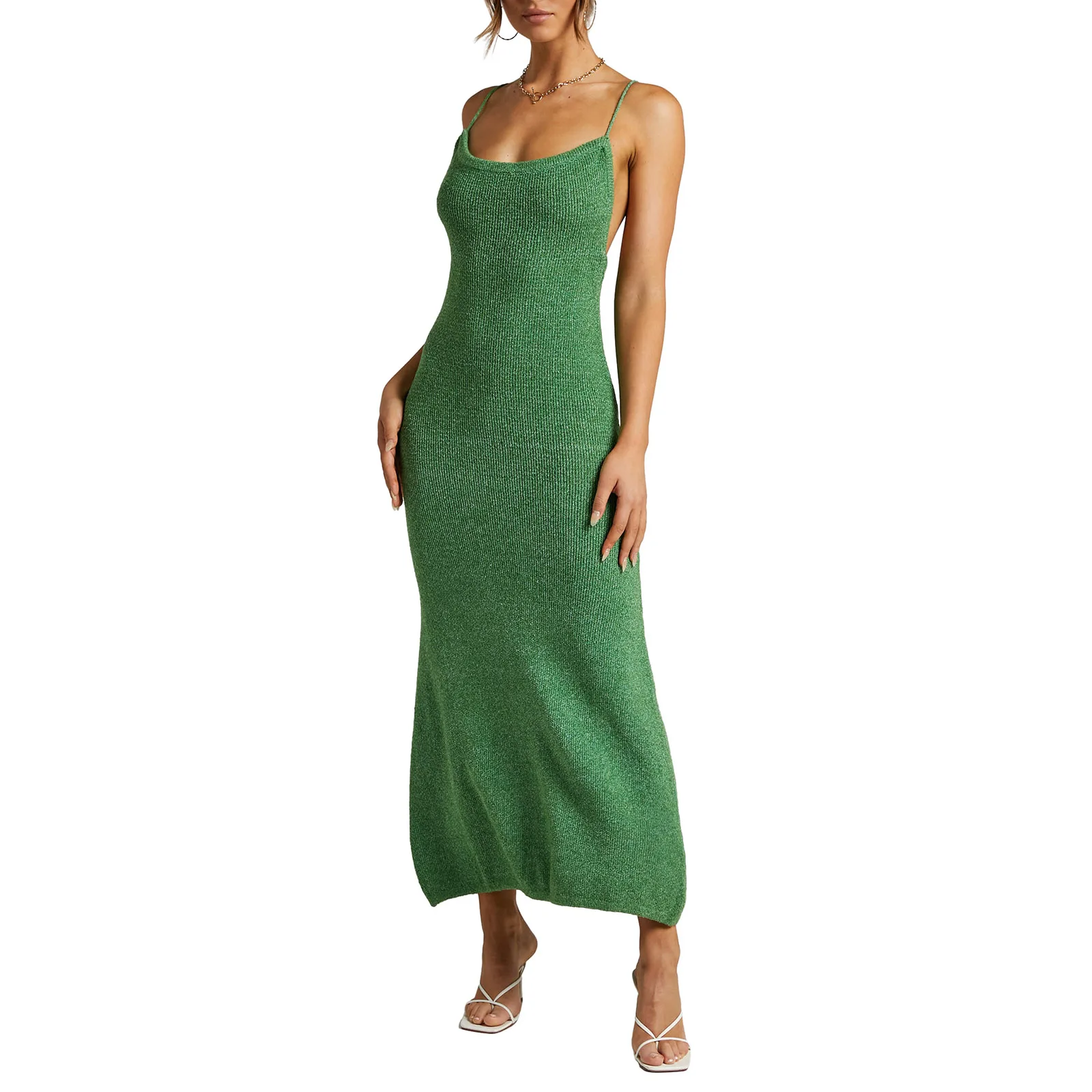 

Women's Summer Long Fitted Dress Solid Color Sleeveless Low Cut Knit Spaghetti Strap Dress