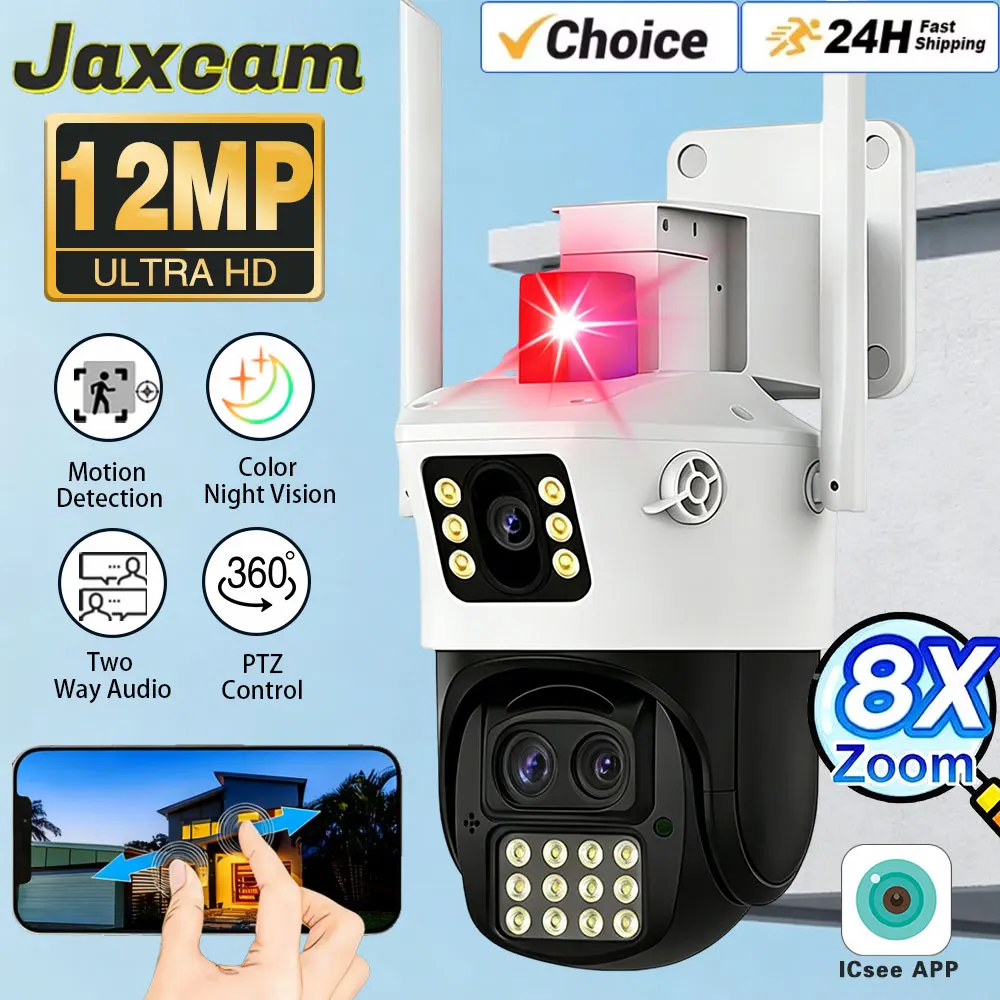 IP Camera 6K 12MP HD WiFi Outdoor Camera 8x Zoom Three Lens Dual Screen Home Security PTZ Camera 6MP Video Surveillance ICSee