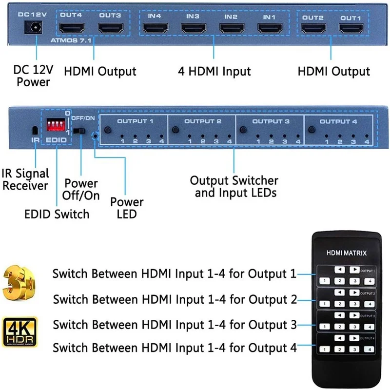 Hdmi-interruptor de matriz compatível 4x4, divisor 4 do switcher da matriz 4k em 4 para fora caixa com extrator edid e controle remoto do ir