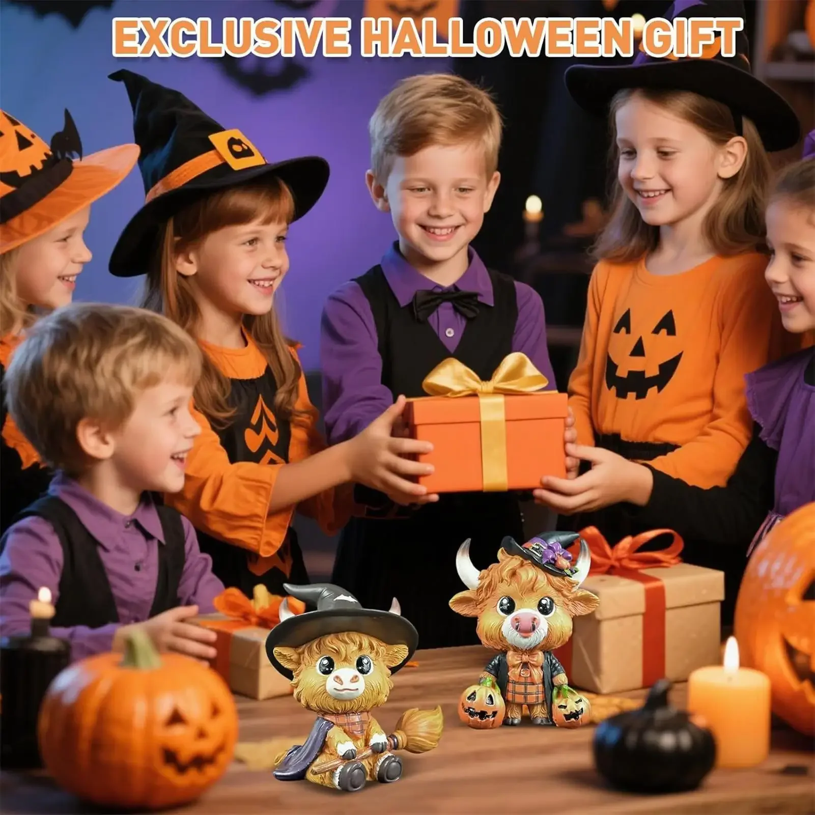 Highland Cow Halloween Statue Highland Cattle Gnome Statue Resin Animal Figurine Festive Halloween Decorations For Mantel Shelf