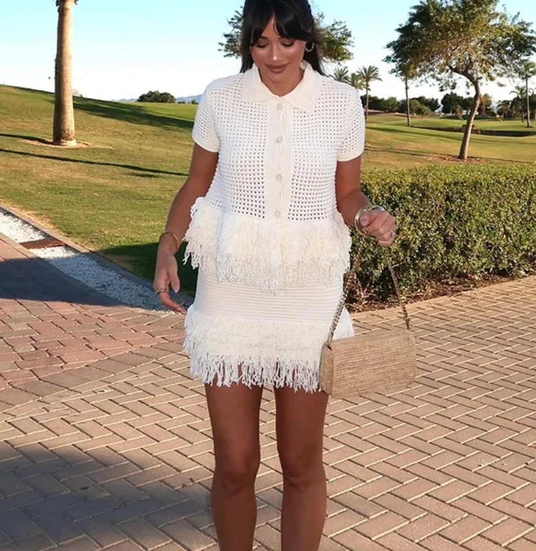 

Spring Women Fashion Fringe Knit Slim Mini Skirt Suit Turndown Collar Half Breasted Long Sleeve Top Female Lady Sets