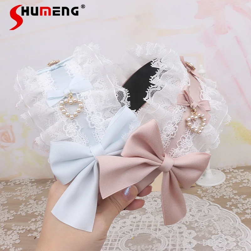 

Japanese Sweet Cute Handmade Lolita Headwears Lace Edge Heart Rhinestone Bow Elegant Versatile Hair Accessories Women Hairband