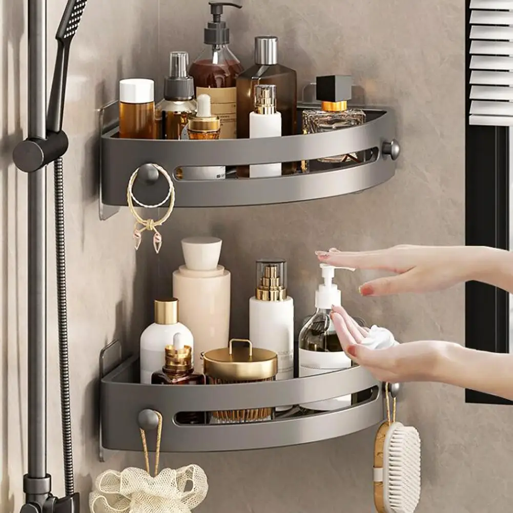 

1/2/3 Pcs Bathroom Storage Rack Triangle Shape Suction Cup Self-adhesive With Hooks Removable Shower Caddy Bathroom Organizer