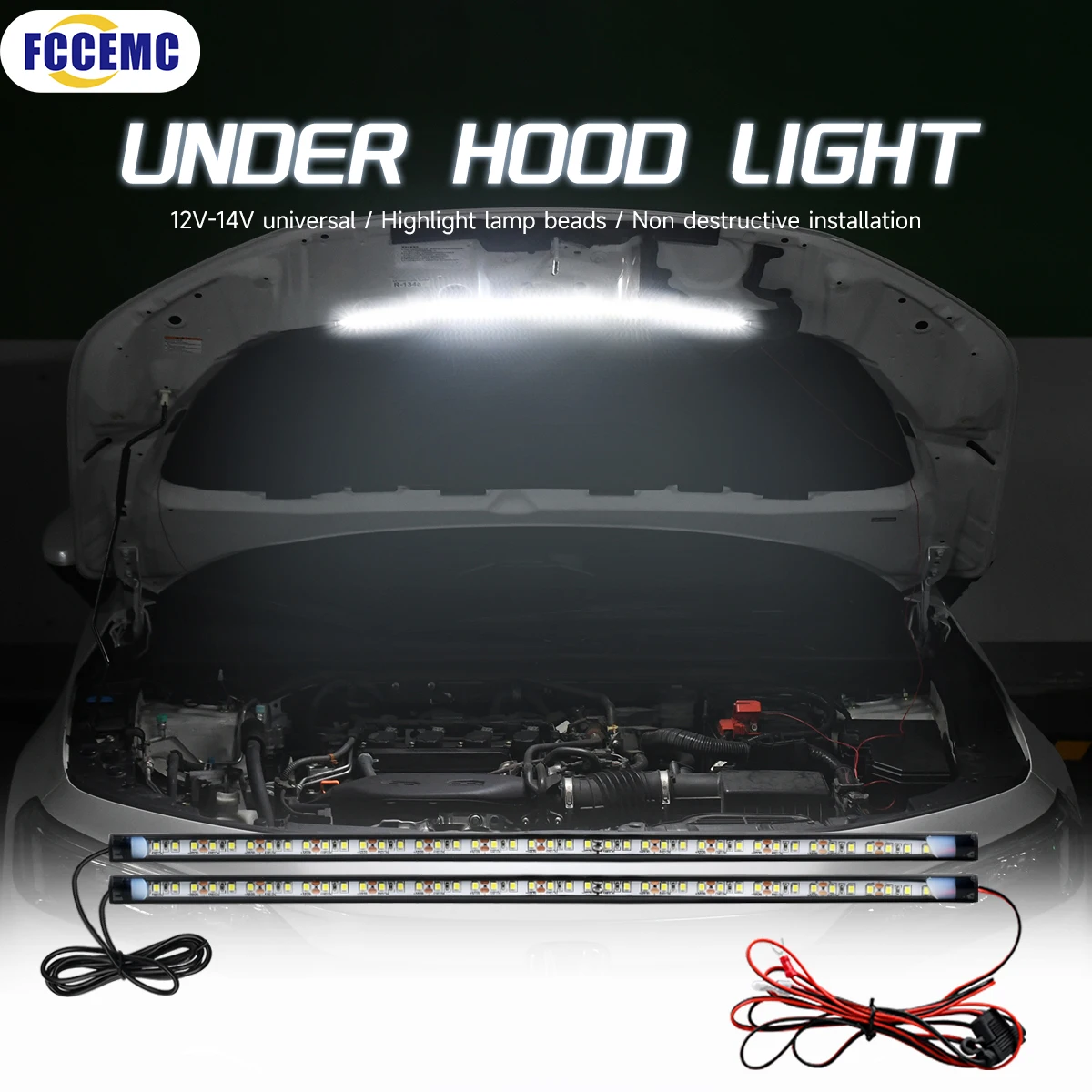 2 in 1 Car LED Under Hood Work Inspection Light Kit Waterproof White LED Strip Lights Bars Car Hood Lights Fits Any Vehicle 12V