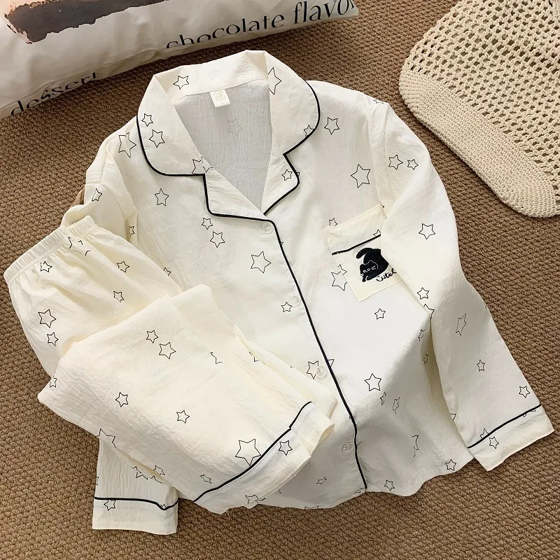 

Star Print Loose and Fashionable Pajamas Autumn and Winter New Pajama Set, Letter Cat Sweet and Cute, Added Women's Pajama Set