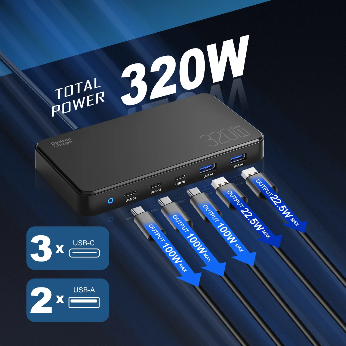 

320W Charger 5 Ports USB Type C Desktop Fast Charging Station for Samsung Xiaomi iPhone Laptops