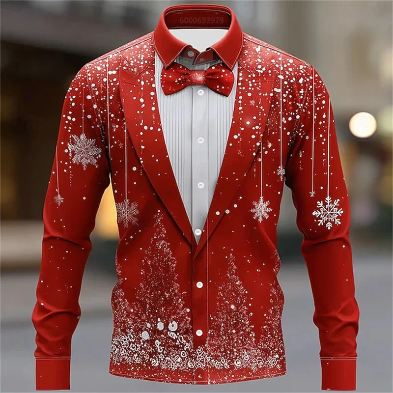 Men,s Christmas Snowflake Tie Print Shirt Button Long Sleeve Festival Autumn and Winter Lapel Shirt Fast Shipping Holiday Theme