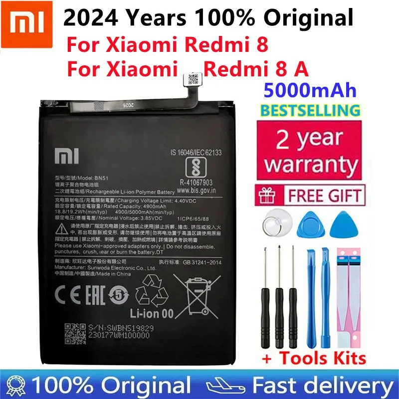 2024 Years 100% Original Xiaomi High Quality Phone Battery For Redmi 8 Redmi 8A BN51 5000mAh With+Free Tools