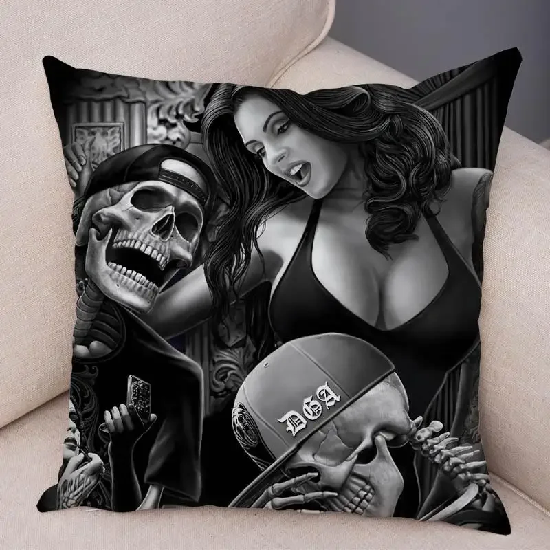 Motorcycle Skull and Sexy Girl Cushion Cover Sofa Home Dead Soul Pillowcase Decoration Polyester Cartoon - view 6