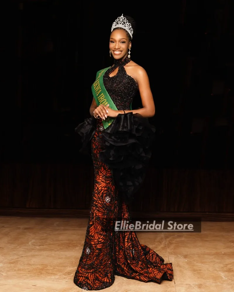 Abiti da sera per spettacoli di bellezza per le donne Abito da cerimonia nuziale in cristallo di pizzo Aso Ebi Abiti da ballo a sirena con scollo all'americana personalizzati