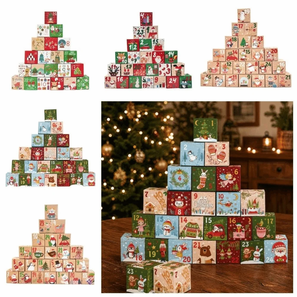 24pcs Mini Advent Calendar Boxes Vintage DIY 24-Days Countdown Paper Gift Boxes Snowmen Christmas Trees 6