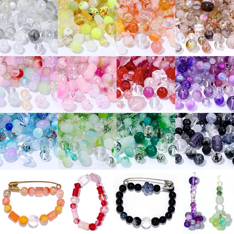 50g Assorted Glass Beads Cracked Spacer Beads Set Craft Beading Bulk for Jewelry Making DIY Craft Bracelets Necklace Key Chains