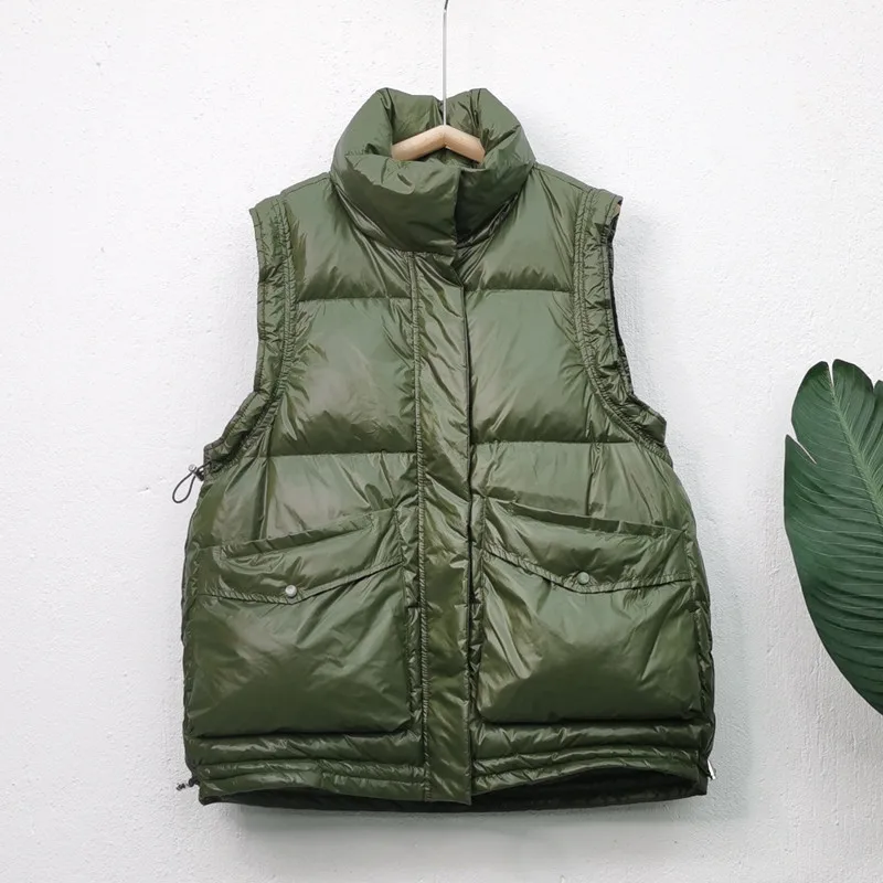 Outono inverno feminino cordão para baixo colete jaqueta quente luz pato branco para baixo colete parkas feminino sem mangas oversize tanque casaco