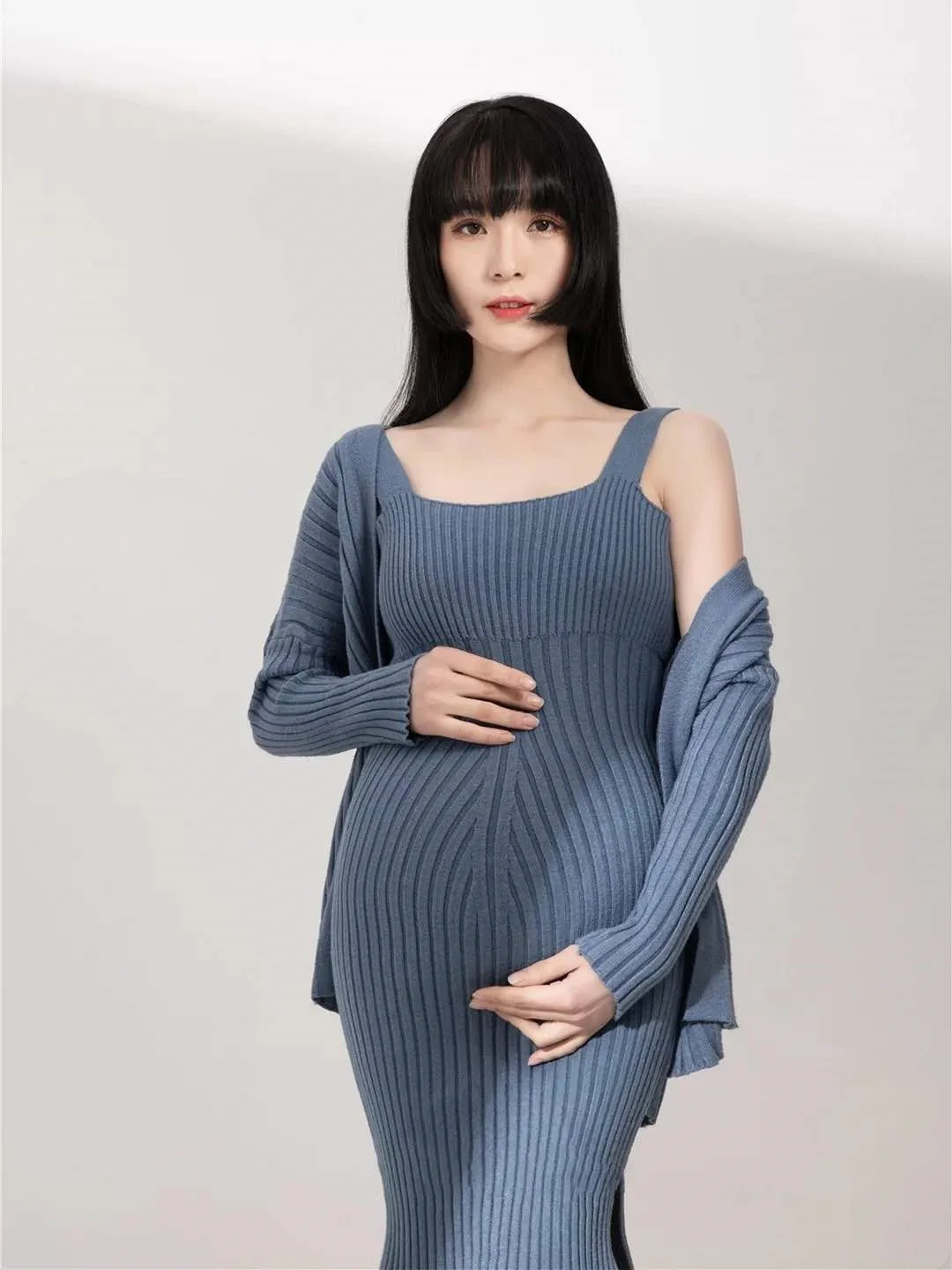 Women Sexy Knitting Maternity Dresses for Photo Shoot Casual Photography Props Pregnancy Clothes Long Sleeve Jackets Slip Dress