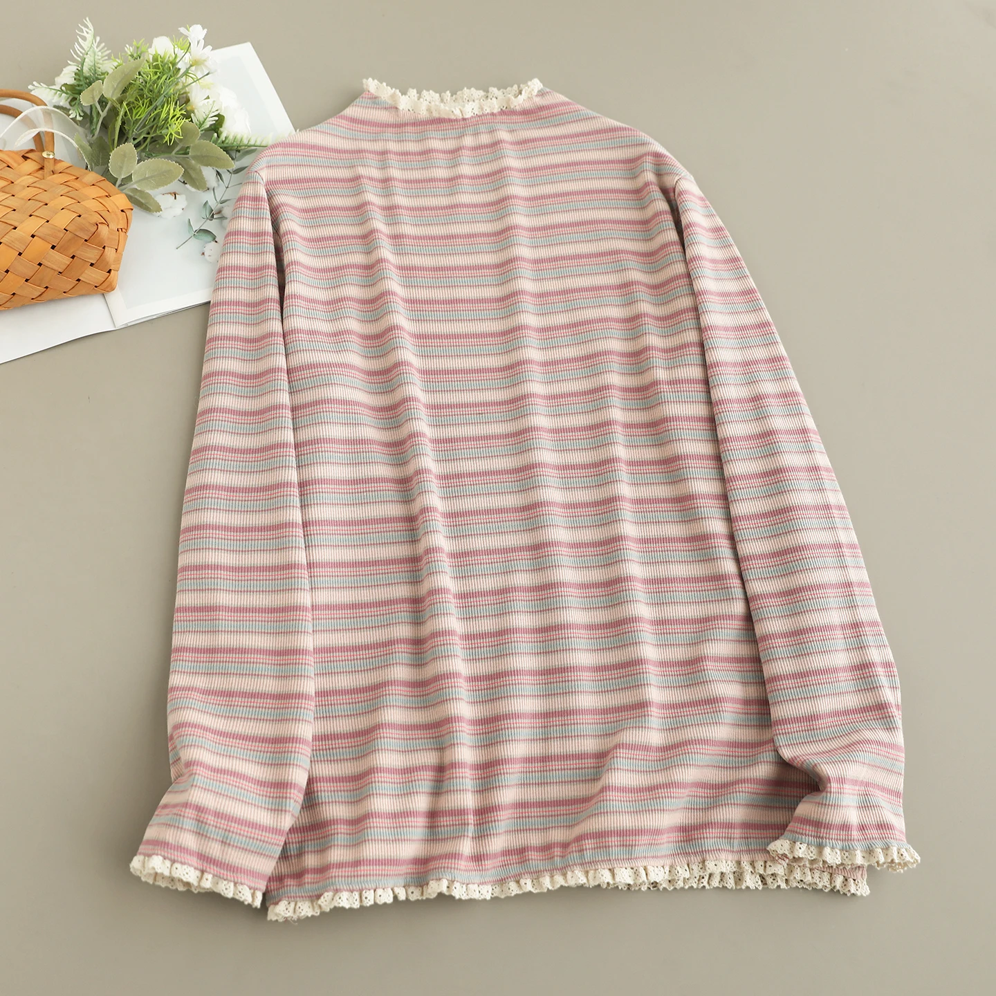 Japanese Sweet Mori Girl Colorful Striped Lace Patchwork T-Shirts Women Spring Autumn Stand Collar Long Sleeve Casual Pullover