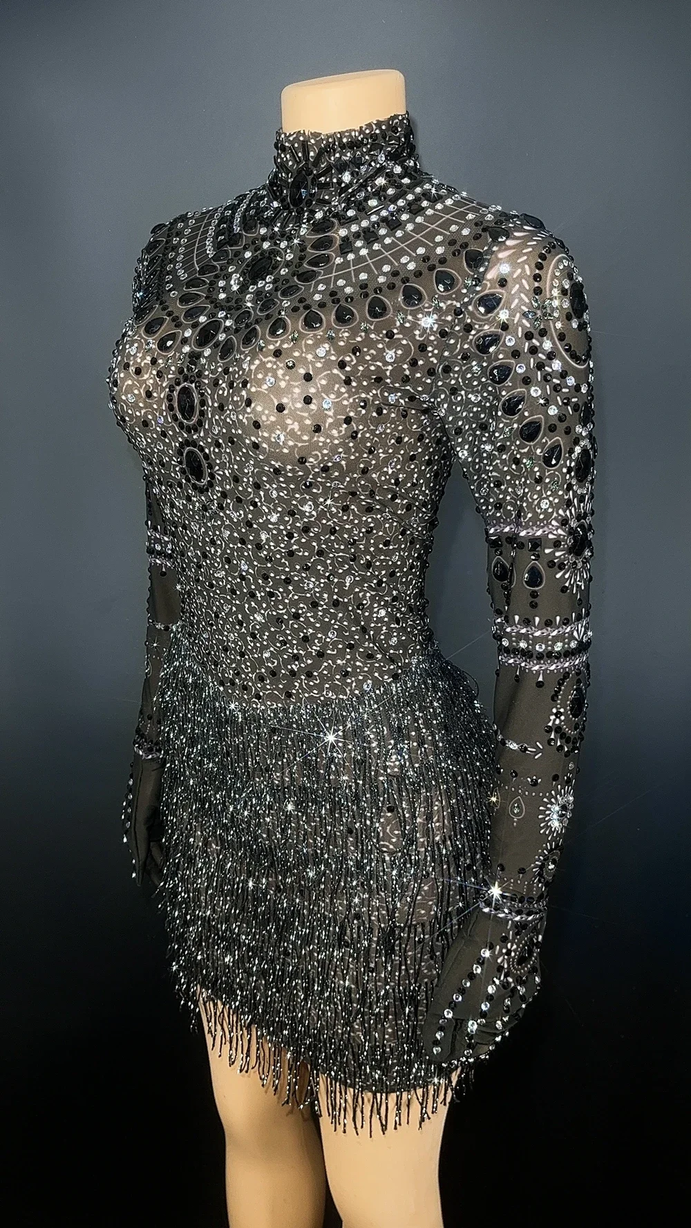 반짝 이는 라인 석 프린지 짧은 드레스 장갑 섹시한 저녁 댄스 파티 생일 드레스 축하 공연 댄스 의상 무대 착용