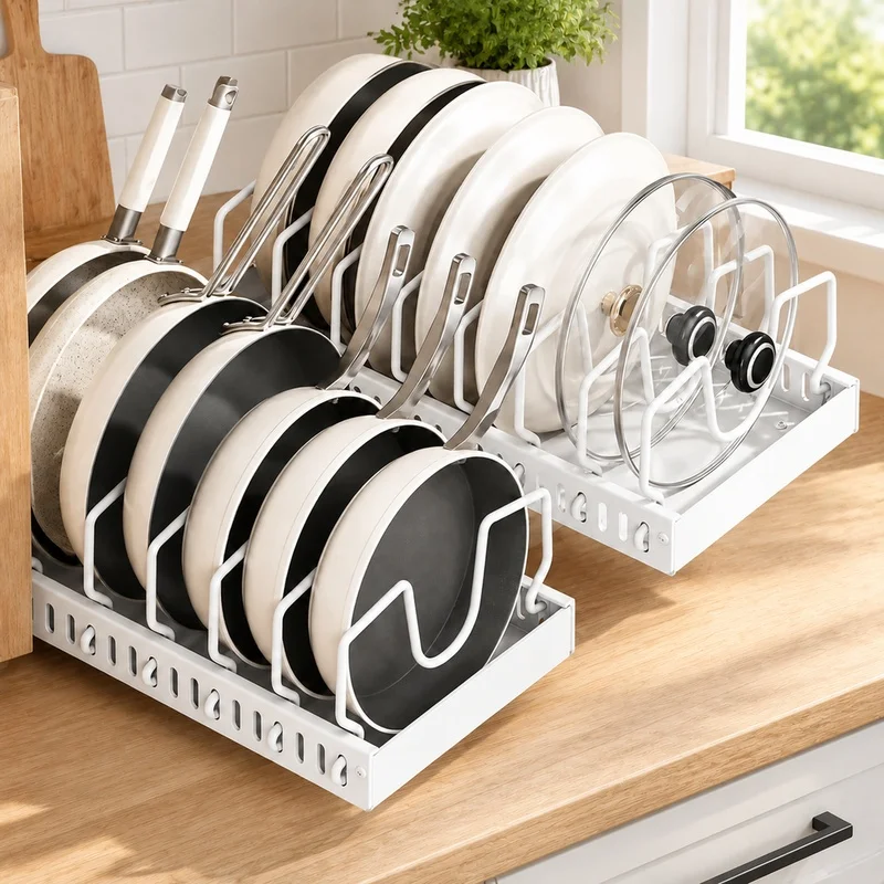 Adjustable Sliding Drawer Organizer for Kitchen Cabinets, Ideal for Plates, Bowls, Pan Lids, and Spices Storage