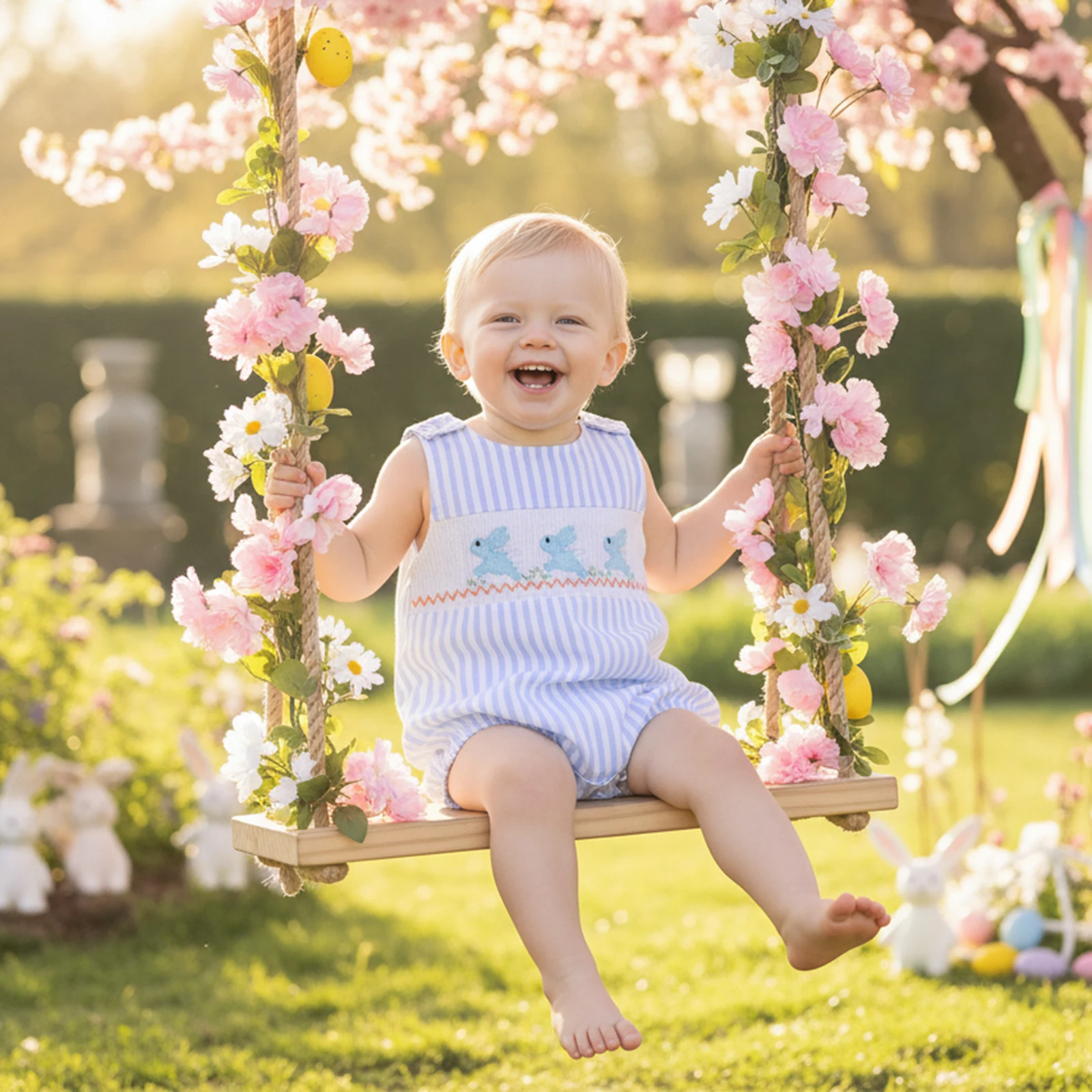 Baby Girls Rompers Easter Clothes Bunny Carrot Embroidered Stripe Round Neck Sleeveless Infant Bodysuits