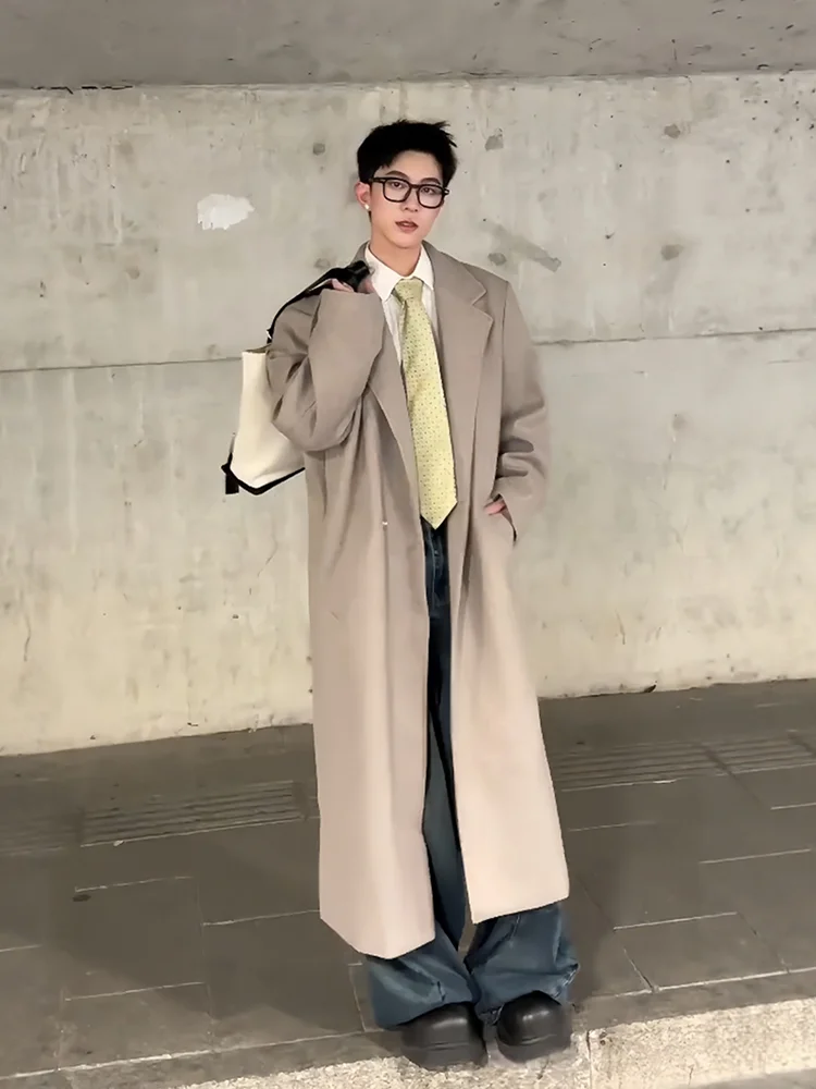 

Loose Fit Men's Woolen Coat Over-Knee Length Autumn Winter Casual Sle oulder Width Regular Sve Pure Color Faionable