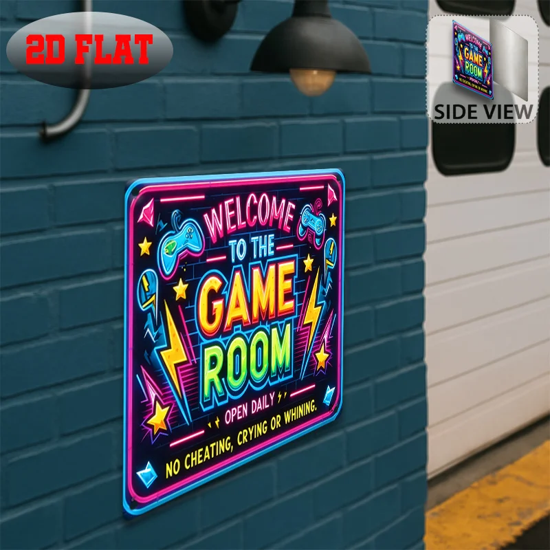 Vintage Metal Tin Sign,Welcome To The Game Room Gamepad Neon Print Rust Plaque,2D Flat No LED Gamer Room Wall Decor