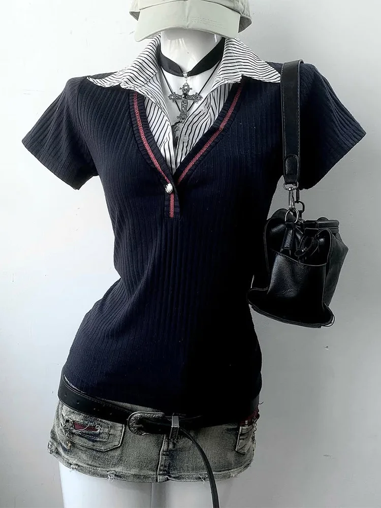 

Original Vintage American Bla Fake Two-Piece T-irt Slimming Top High-End Feelings Casual Sle ort Sve Cotton Blend