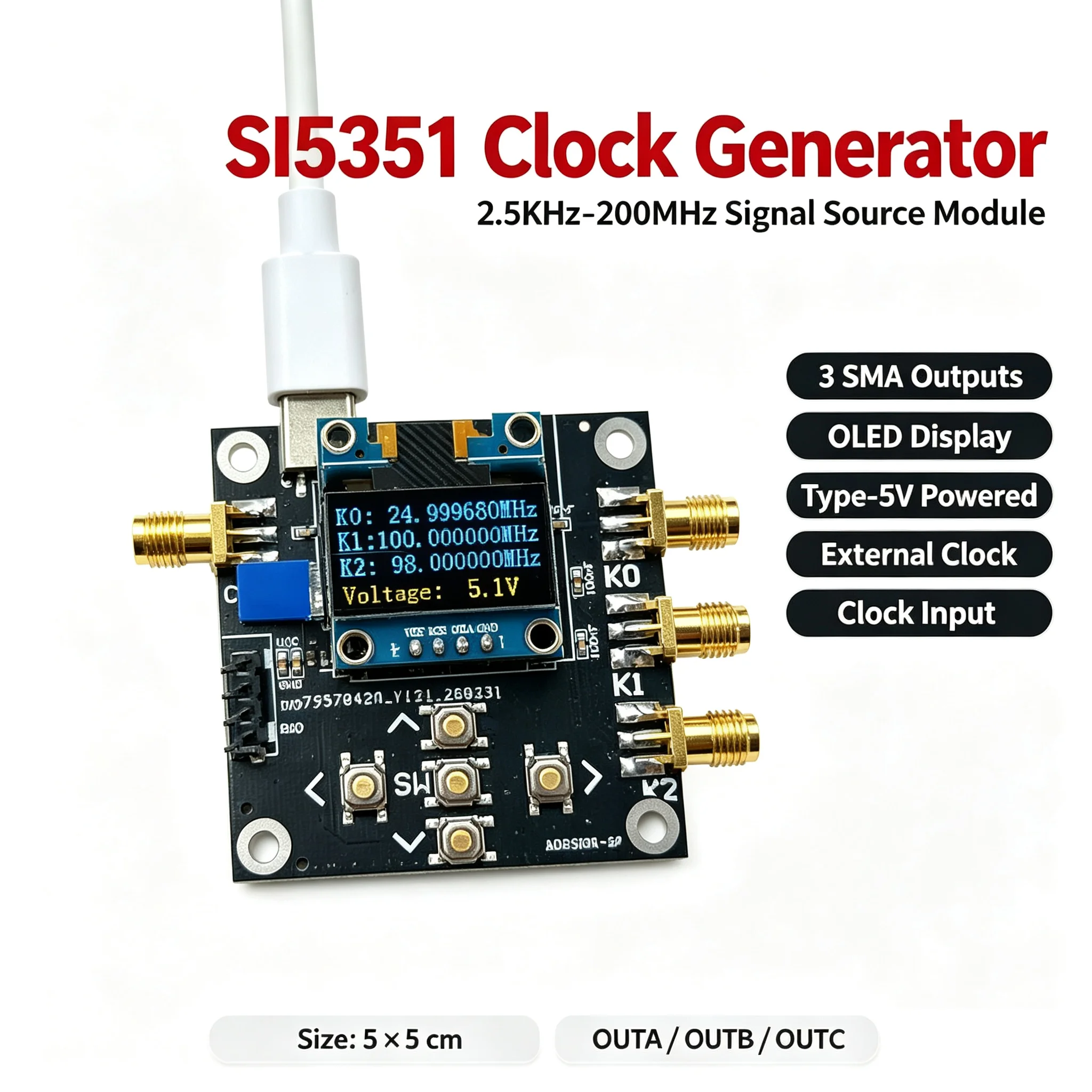 SI5351 Clock Signal Generator 2.5k-200MHz Square Wave Signal Source OLED display for Ham Radio RF Frequency Counter Calibration