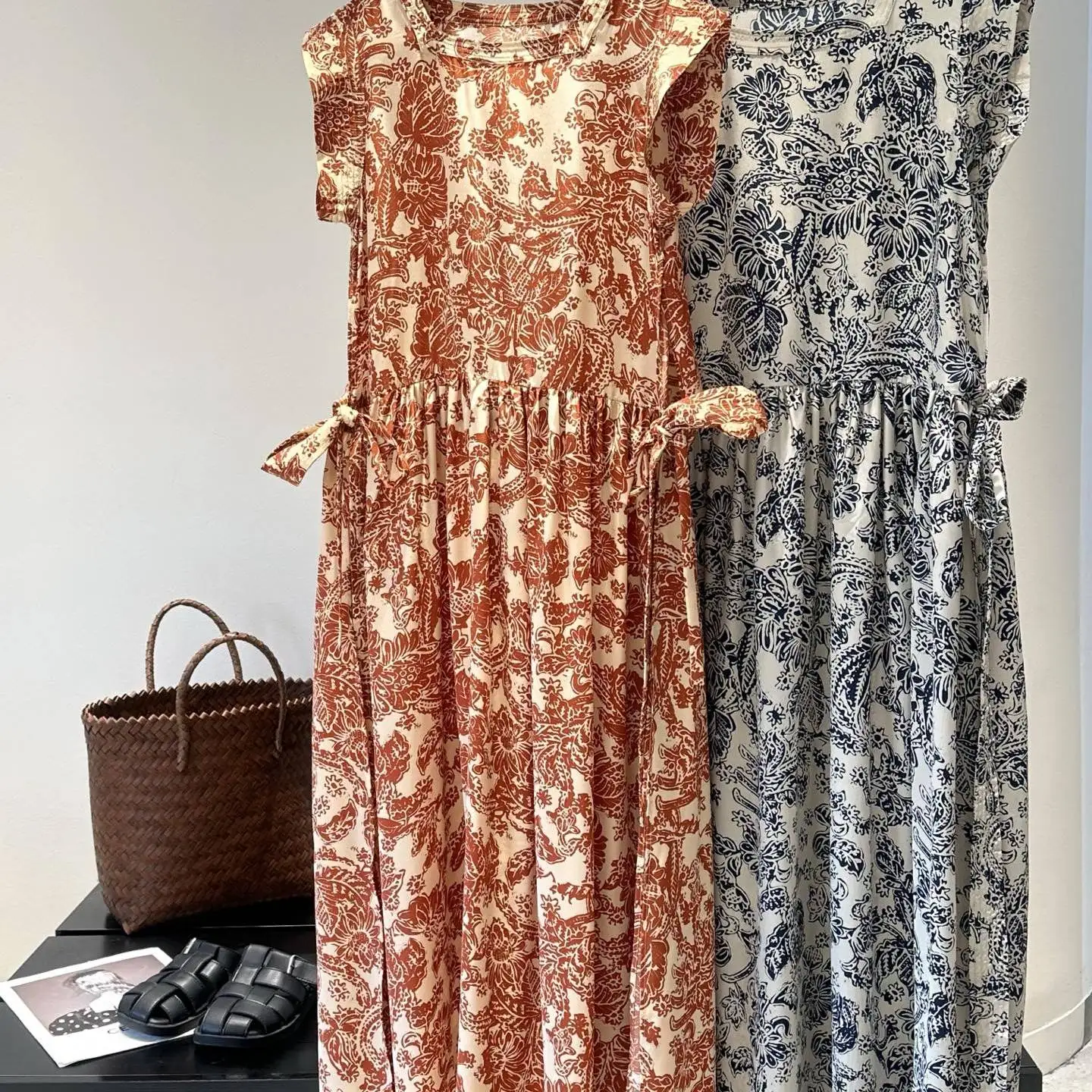 

Summer Floral Print Maxi Dress Women's Sleeveless Square Collar Knot Split Classic LP Style Casual Elegant Gown