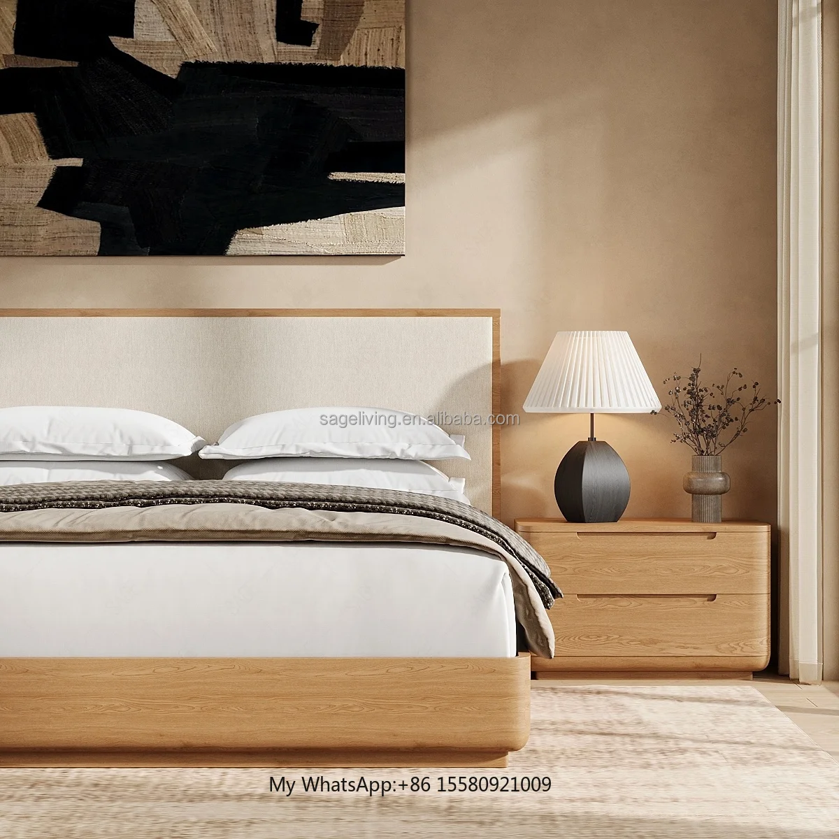 

Sageliving King Size Wooden Panel Bed with Upholstered Headboard and Nightstands for Complete Master Bedroom Furniture Set