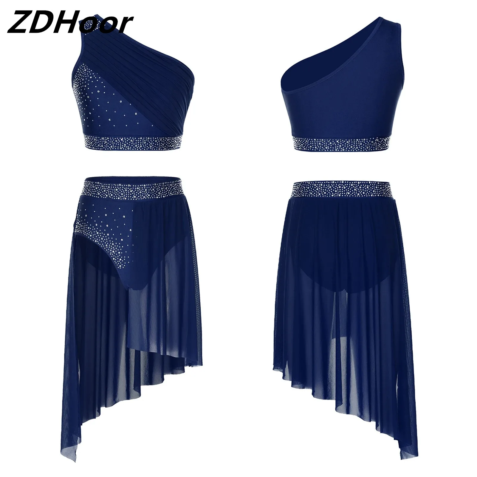 Womens Modern Dance Sets Lyrical Dancewear One Shoulder Ruched Mesh Overlay Rhinestones Crop Top with Irregular Hem Skirt