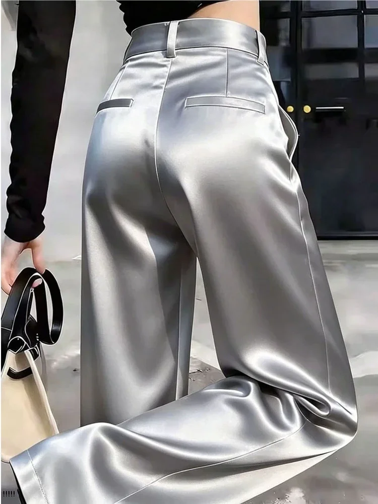 High Waist Satin Wide Leg Pants Women Elegant White Black Loose Casual Suit Pants Office Lady Fashion Solid Straight Trousers