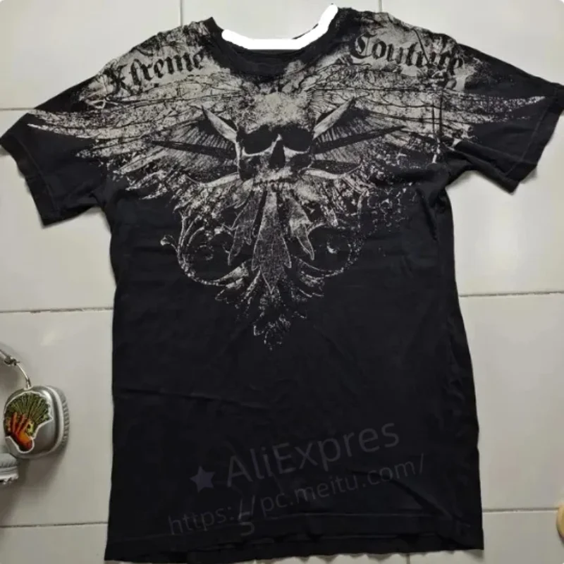 3D Printed American Retro Goth Y2K Affliction Style Streetwear Tee Gothic Skull Cross Print Trendy Graphic T-shirts Men Clothing