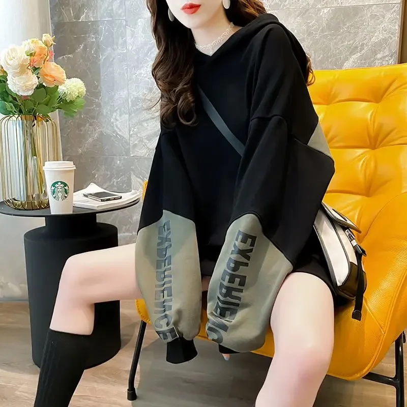 Top Hoodies Letter Printing Woman Clothing Loose Hooded Women's Sweatshirt Baggy Text Black Warm Dropshiping Y2k Vintage Kpop E