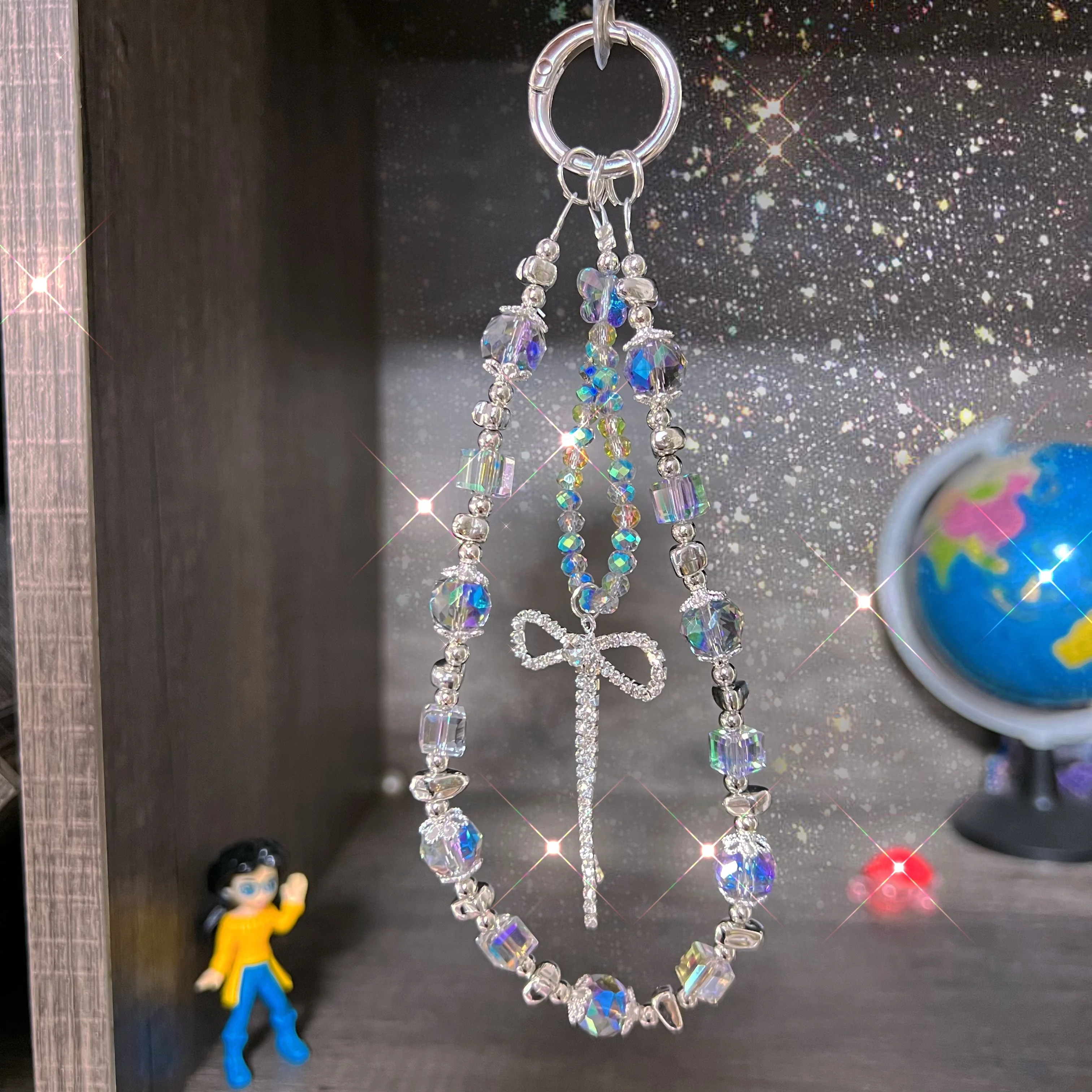 Double-Chain Crystal Cube Diamond Bow Bracelet Bag Pendant For Mobile Phone Lanyard Keychain Outdoor Travel Chain