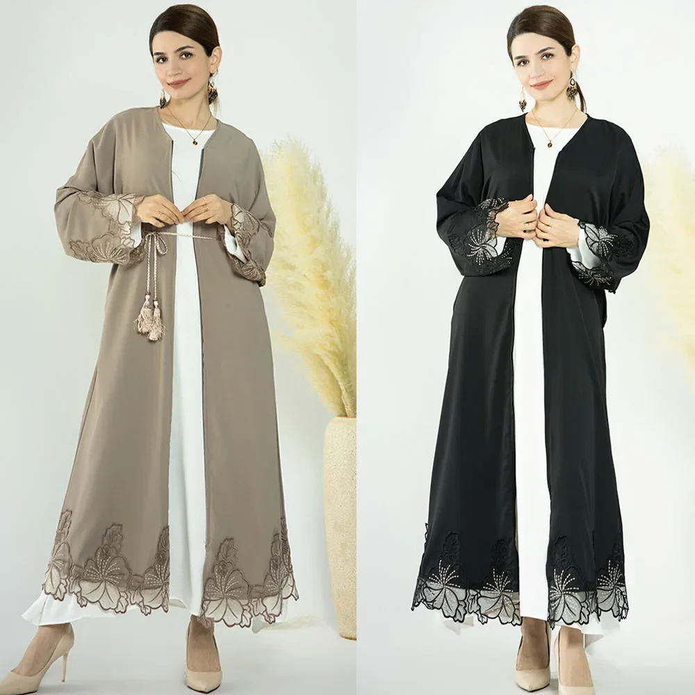 Dubai Kimono Long Sleeve Cardigan Women Open Front Robe Muslim Islamic Lace Abaya Kaftan With Belted Ramadan Dress Turkish Abaya