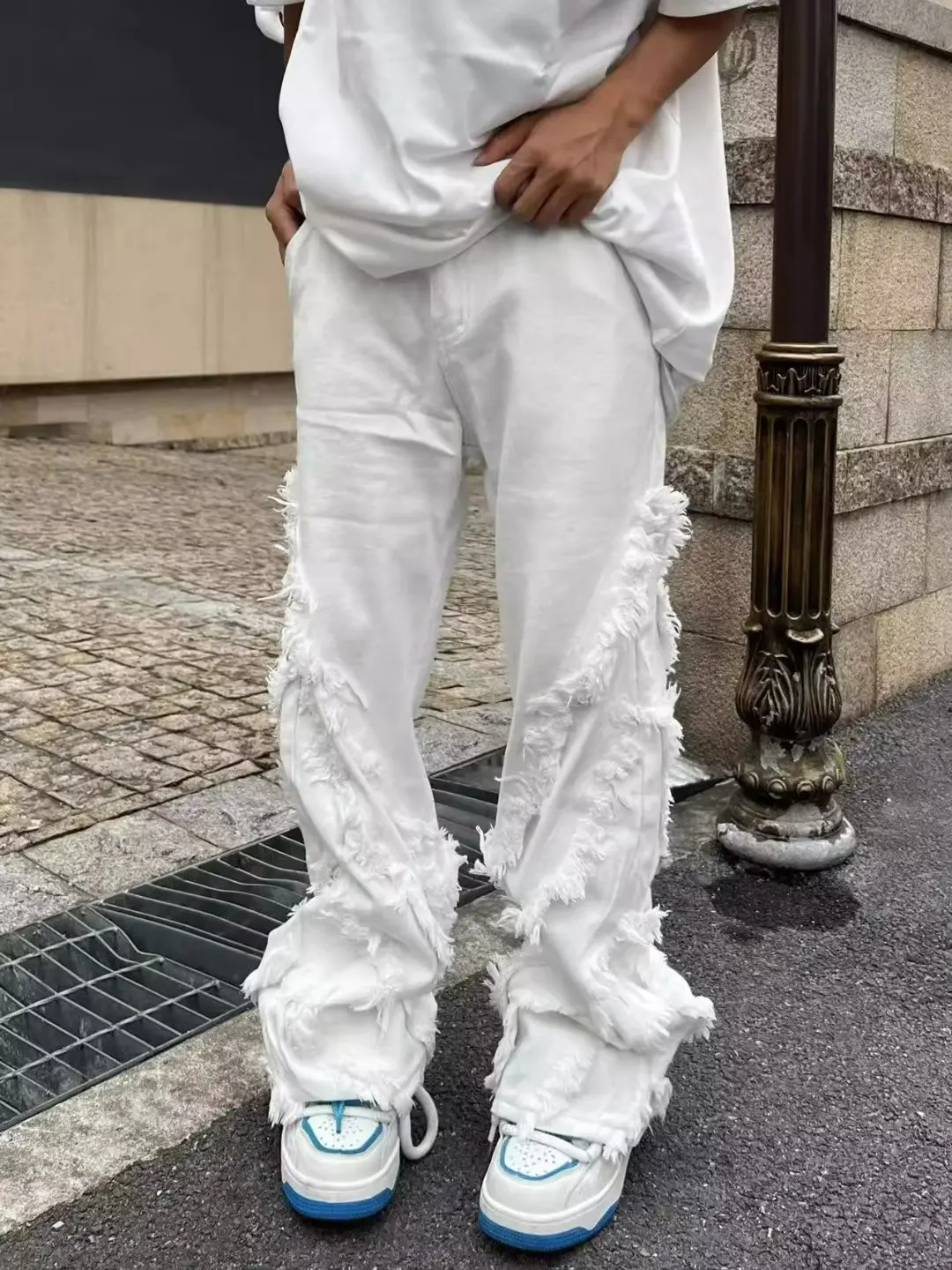 Jeans branco reto com borda crua para homens e mulheres, roupas de dança hip-hop estilo Harajuku, jeans de rua Y2k, estilo americano erosão