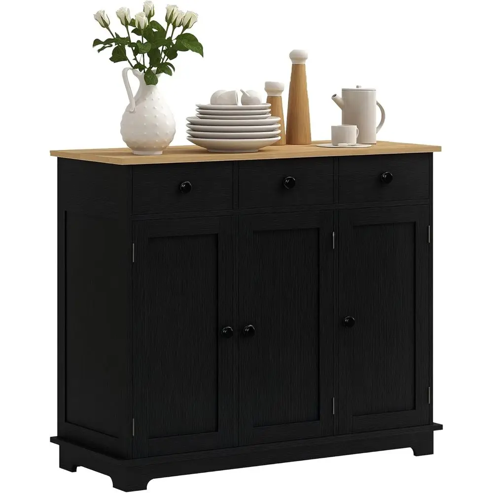 

Solid Wood Top Sideboard Buffet Cabinet, Modern Kitchen Storage with 3 Drawers, Adjustable Shelves, Distressed Black
