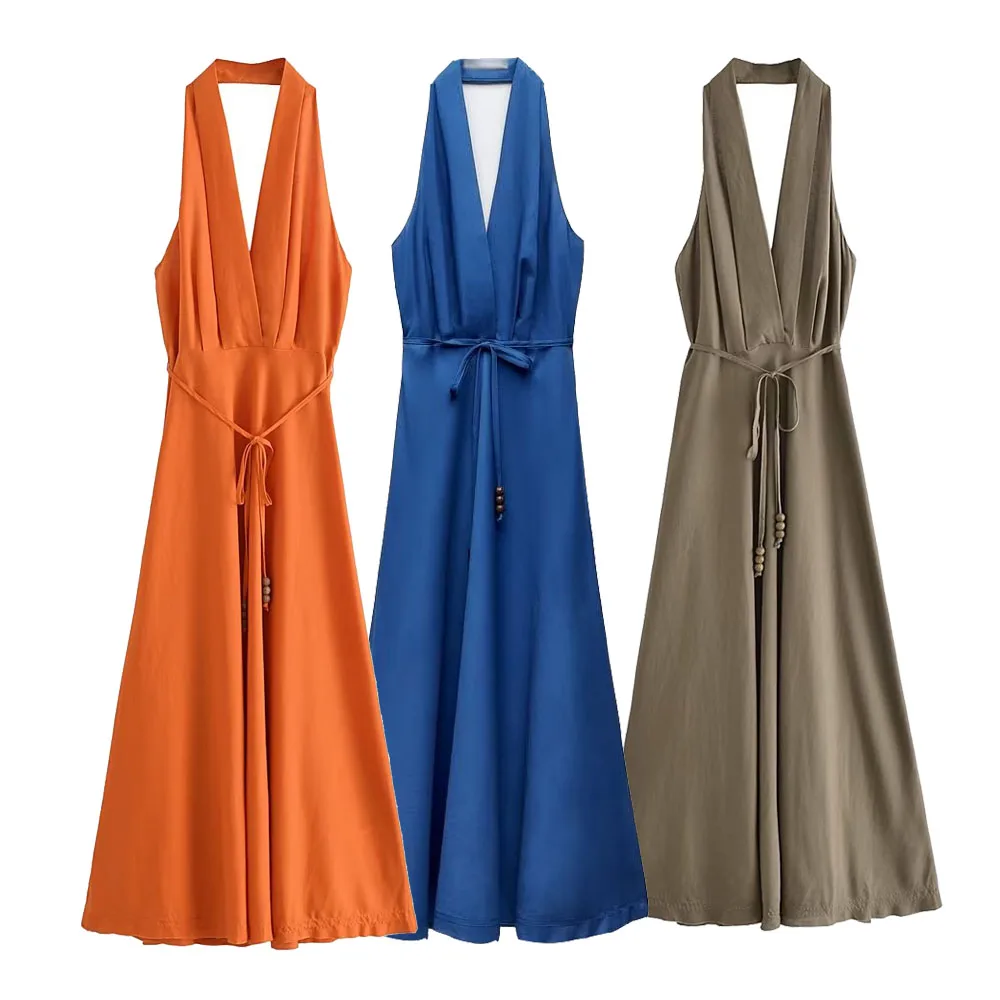 UNIZERA2023 Summer New Women's Fashion French High Grade Off Back V-Neck Linen Midi Hanging Neck Dress for Women