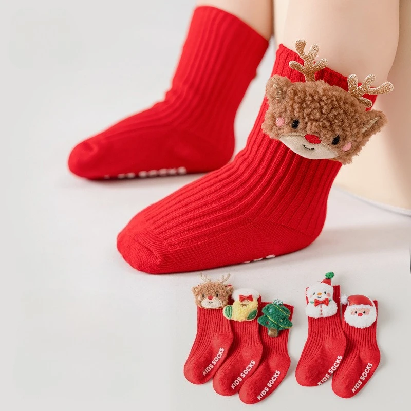 

1Pair Newborn Baby First Walker Socks Non-Slip Grip Cotton Soft Sole Christmas New Year Festive Red Gift for Infant 0-5 Years