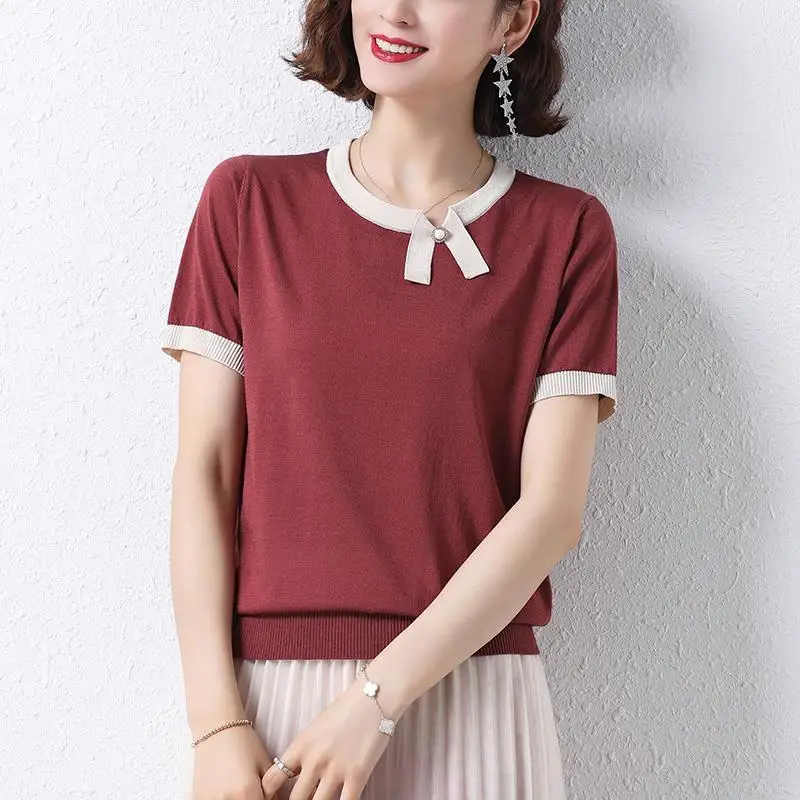 2025 New Summer T-shirt with Bow Stylish Short Ice Silk Sweater Thin Top for Women Summer Short Sleeves