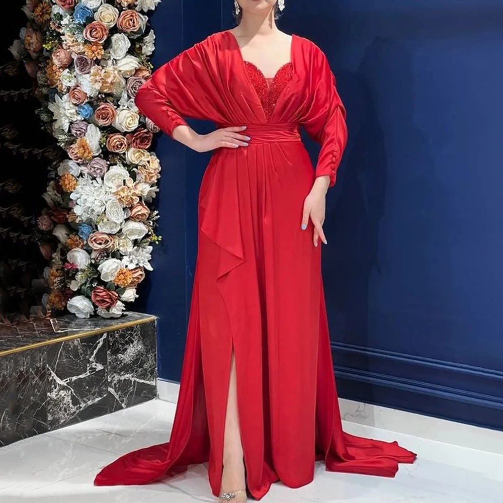 

Flechazo Red Side Slit Evening Dress V-Neck Long Sleeves A-Line Floor Length with Sweep Train Custom Made Gowns for Party