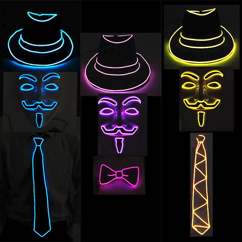 Hot Sales LED Festival Rave Light Party Cosplay Vendetta Guy Fawkes Flash Suit EL Hat+Glowing Tie+Neon Mask Bar Dance Supplies