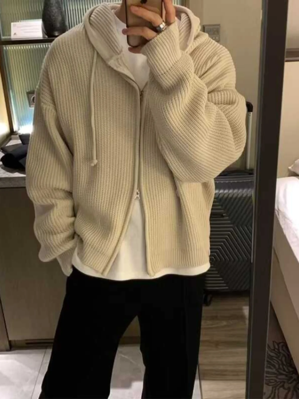 American Sle Knitted Cardigan Sweater Men's Autumn Winter New Vintage Lazy Trendy Pure Color Zipper Line Shirt Casual Loose...