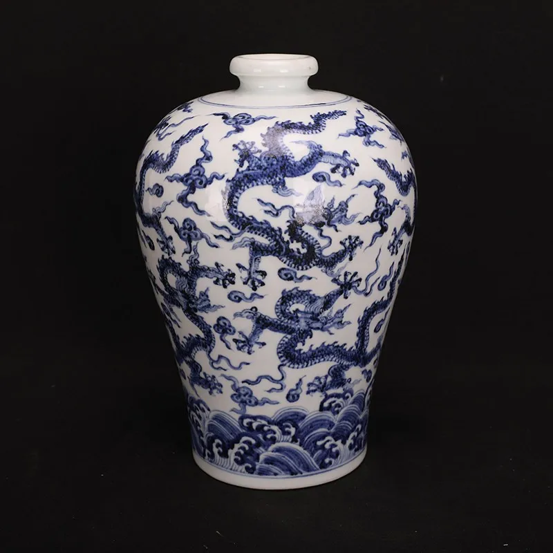 Chinese Ming Xuande Blue and White Porcelain Dragon Pattern Vase 12.0 inch Plum Vase