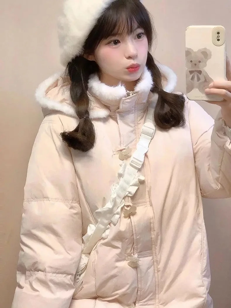 

Зимняя женская куртка на хлопковой подкладке, новинка 2024, утолщенная и свободная школьная хлопковая верхняя одежда с капюшоном и пуговицами