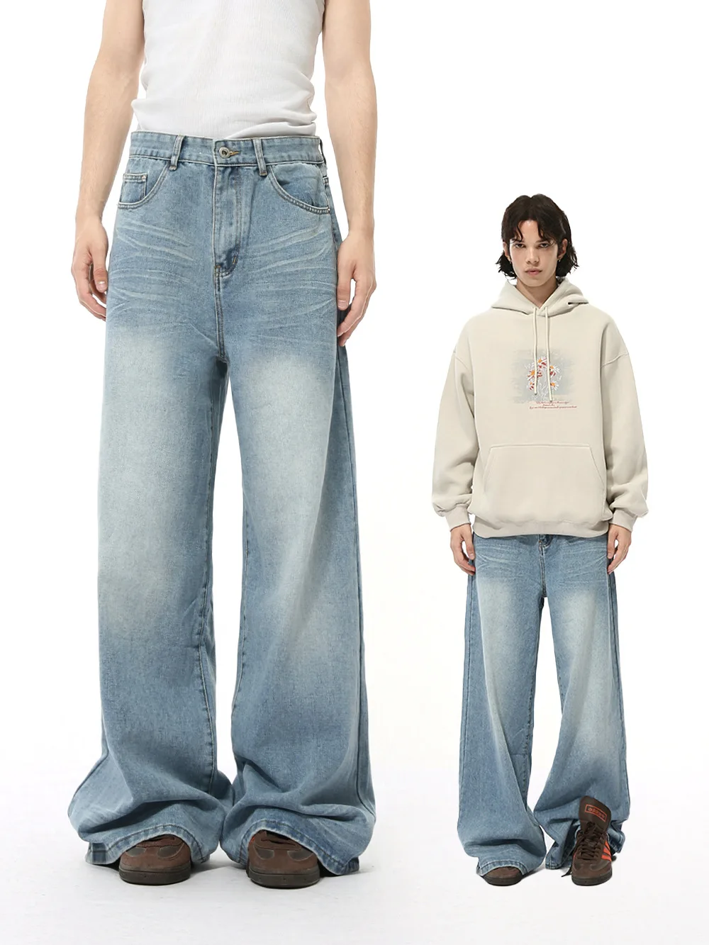

American style creased distressed washed straight leg jeans for men, high street, loose, wide leg, floor length pants, trendy